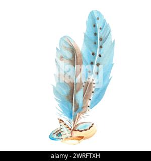 Watercolor composition from blue feathers and crystal isolated on white ...