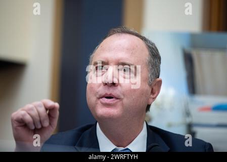 United States Representative Adam Schiff (Democrat of California) addresses Robert K Hur, Special Counsel, as he testifies before the United States House Committee on the Judiciary concerning his report “Report of the Special Counsel on the Investigation Into Unauthorized Removal, Retention, and Disclosure of Classified Documents Discovered at Locations Including the Penn Biden Center and the Delaware Private Residence of President Joseph R. Biden, Jr” in the Rayburn House Office Building on Capitol Hill in Washington, DC on Tuesday, March 12, 2024.Credit: Annabelle Gordon/CNP/Sipa USA Stock Photo