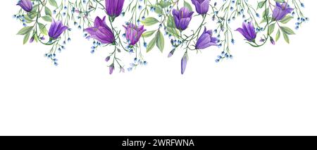 Harebells and abstract blue flowers. Banner with copy space for text. Wild meadow plants. Watercolor illustration of wildflowers. Summer herbs Stock Photo