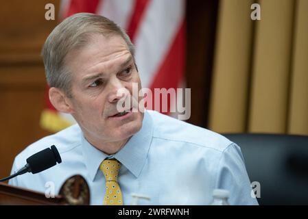 United States Representative Jim Jordan (Republican of Ohio), Chair, US House Committee on the Judiciary at the hearing for Robert K Hur, Special Counsel, as he testifies before the United States House Committee on the Judiciary concerning his report “Report of the Special Counsel on the Investigation Into Unauthorized Removal, Retention, and Disclosure of Classified Documents Discovered at Locations Including the Penn Biden Center and the Delaware Private Residence of President Joseph R. Biden, Jr” in the Rayburn House Office Building on Capitol Hill in Washington, DC on Tuesday, March 12, 20 Stock Photo