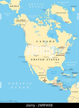 North America, political map. Continent bordered by South America, the Caribbean Sea, and by the Arctic, Atlantic and Pacific Ocean. Stock Photo