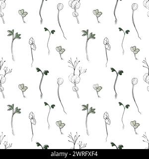 hand drawn vector seamless pattern with microgreens . Contour sprouts of watercress, spinach, mustard cress and peas, radish, sunflower, basil plant Stock Vector