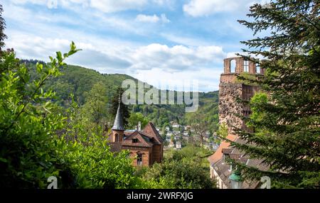 Heidelberg Medieval Old Town. Panoramic above view of orange building rooftop in Baden-Wurttemberg Germany, nature, cloudy sky background. Stock Photo