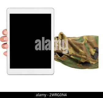 Man hand showing a digital tablet in a white background Stock Photo