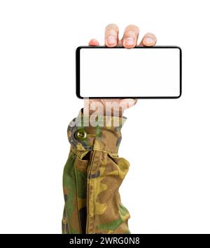 Closeup of a man hand showing a horizontal blank smartphone screen isolated on a white background Stock Photo
