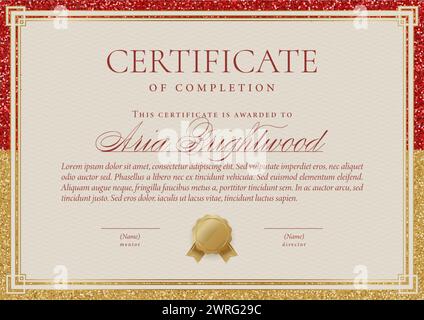 Cream, Red, and Gold Elegant Certificate. Glitter Frame border design. Vector illustration Stock Vector