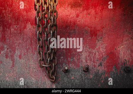 Rusted heavy metal chain hanging over rough and weathered metal Stock Photo