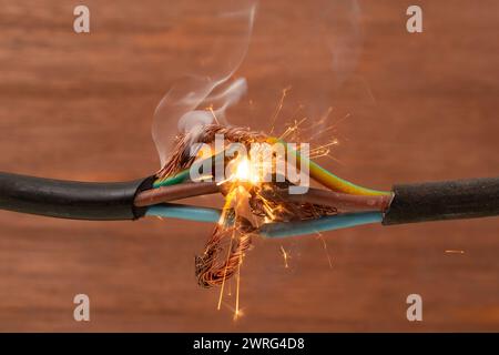 Sparks explosion between electrical cables, on brown wooden background, fire hazard concept Stock Photo