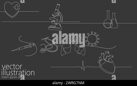 Single continuous line set science medicine microscope. Human heart lungs virus micro technology business design one sketch outline drawing vector Stock Vector