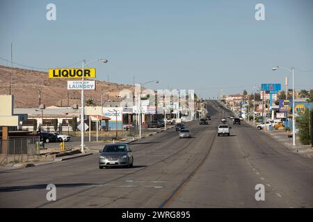 Barstow, California, USA - June 20, 2020: Traffic passes through the heart of downtown Barstow. Stock Photo