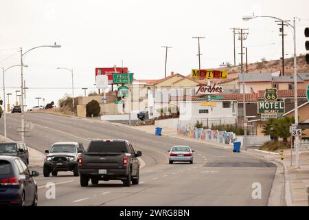 Barstow, California, USA - June 20, 2020: Traffic passes through the heart of downtown Barstow. Stock Photo