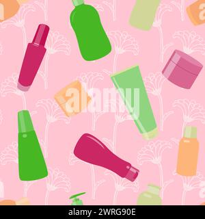 Bright seamless pattern with cosmetic bottles and flowers Stock Vector