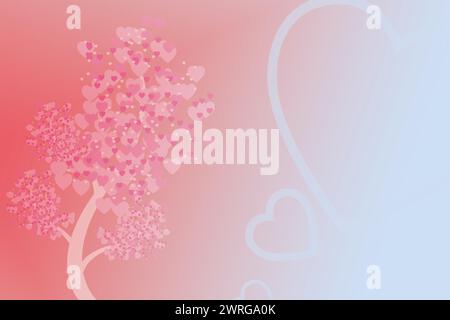 A serene, love-themed background featuring a tree with leaves in the shape of hearts, gradient shades from pink to white Stock Vector