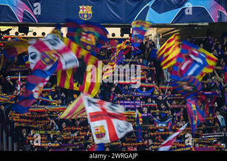 Barcelona, Spain. 12th Mar, 2024. FC Barcelona flagsduring the UEFA Champions League match, Round of 16, second leg, between FC Barcelona and SSC Napoli played at Camp Nou Stadium on March 12, 2024 in Barcelona Spain. (Photo by Bagu Blanco/PRESSINPHOTO) Credit: PRESSINPHOTO SPORTS AGENCY/Alamy Live News Stock Photo