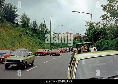 Parked cars, open-air theatre Elspe, Sauerland, North Rhine-Westphalia, Germany, June 1982 Stock Photo