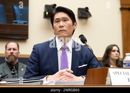 Robert K Hur, Special Counsel, testifies before the United States House Committee on the Judiciary concerning his report âReport of the Special Counsel on the Investigation Into Unauthorized Removal, Retention, and Disclosure of Classified Documents Discovered at Locations Including the Penn Biden Center and the Delaware Private Residence of President Joseph R. Biden, Jrâ in the Rayburn House Office Building on Capitol Hill in Washington, DC on Tuesday, March 12, 2024. Credit: Ron Sachs/CNP Stock Photo