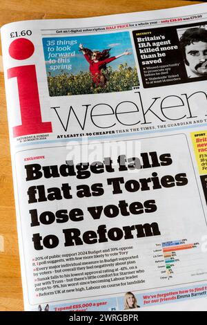 9-10 March 2024 Headline in weekend i newspaper reads: Budget falls flat as Tories lose votes to Reform. Stock Photo