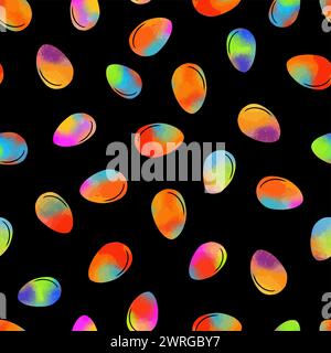 Seamless pattern of watercolor colored eggs on a black background. hand drawing. Not AI. Vector illustration Stock Vector