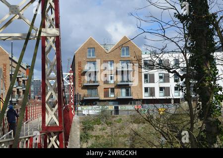 Wapping Wharf seen from the end of the Gaol Ferry Bridge in Bristol, England, United Kingdom. 26th February 2024. Stock Photo