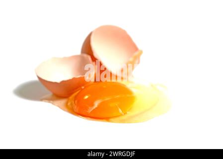 Cracked brown chicken egg against a white background Stock Photo