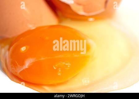 Cracked brown chicken egg against a white background Stock Photo