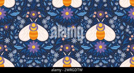 Seamless pattern showcasing a whimsical moth, flowers, and leaves in blue palette. Scandi style delicate folk recurring design for fabric printing, wr Stock Vector