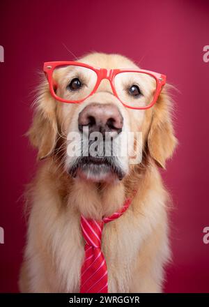 Close-up portrait of a Golden Retriever wearing glasses and a tie against a pink background Stock Photo