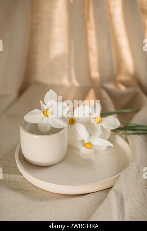 White narcissus flowers with a ceramic plate and cup on a table Stock Photo