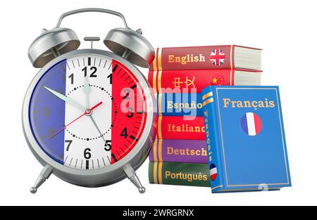 French course, lessons concept. Books with alarm clock. Time to learn French language, 3D rendering isolated on white background Stock Photo