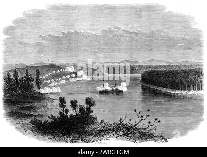 The War in New Zealand: the gun-boat Pioneer at anchor off Meremere, on the Waikato River, reconnoitring the native position, 1864. Engraving of a sketch by '...Mr. Messer, assistant surgeon of the Curo&#xe7;oa...General Cameron has succeeded...in forcing the Maoris out of their chosen post of vantage...The arrival of the Pioneer, an iron steamer built at Sydney, enabled him to ascend the stream and more thoroughly to survey the position...A cloud of white smoke burst from the bank at the landing. The Maoris had fired their lower gun...Another puff of smoke sprung up...the shot fell miserably Stock Photo