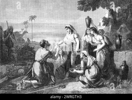 Black and White Engraving Of Rebekah offering water to Abraham's ...