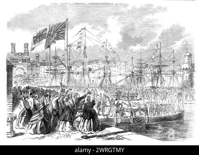 The Prince and Princess of Wales embarking at Dundee for Denmark on Saturday last, 1864. '...the Prince and Princess of Wales, with their infant son, Prince Albert Victor, embarked at the Queen's Quay, in the harbour of Dundee, on their voyage to Copenhagen. The scene presented by the streets, which were densely thronged by the workpeople just released from the spinning-mills, manufactories, and dockyards for their Saturday half-holiday, was of the most animated description...the Royal carriage passed under the triumphal arch...commemorative of the Royal visit of 1844...the volunteers were ran Stock Photo