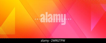Orange and red modern abstract wide banner with geometric triangle shapes and halftone effect. Yellow and pink abstract background. Vector Stock Vector