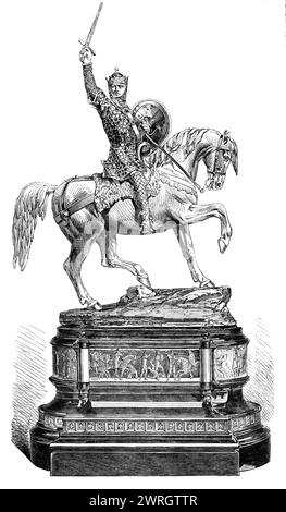 The Goodwood Cup, 1864. 'Goodwood has long been celebrated for the beauty of its cups as well as of its scenery, and this year it has been again true to its charter. The Goodwood Cup, which was won by M. Lupin's Dollar, beating East Lancashire, The Ranger, Hollyfox, Stradella, Queen Bertha, Glendusk, Little Stag, Lord Zetland, and Esperance, present an equestrian silver statuette of William the Conqueror on a tall base, with bas-reliefs taken from the Bayeux tapestry, and representing Harold's oath to William, the Battle of Hastings, and the death of Harold. The figure of the Conqueror has bee Stock Photo