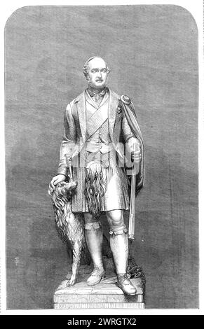 Statue of the late Prince Consort, at Balmoral, by W. Theed, 1864. 'As a memorial of...[Prince Albert's] attachment to the Scottish Highlands, and his predilection for the sports of deerstalking and grouse-shooting...which cannot but be gratifying to the Scottish portion of her Majesty's subjects, we have engraved a representation of Mr. Theed's marble statue of that lamented Prince, lately placed in the corridor of Balmoral Castle. He appears here in the Highland costume, equipped for the chase, and accompanied by his favourite deer-hound. The fidelity of the likeness, as well as the spirit a Stock Photo