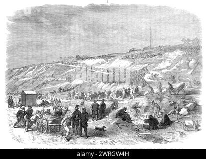 Employment of Lancashire operatives, under the Public Works Act, at Revidge Hill, Corporation Park, Blackburn, 1864. 'There has been no difficulty in setting the men to work, and their health and physique have been manifestly improved by a change. Cotton is doubtless an important staple, but we manufacture it at an immense annual sacrifice of human vitality...In the sewers I found gangs of twenty-five operatives employed, with one skilled bricklayer; they earn from 2s. to 2s. 11d. daily. Those who were unskilled have now become quite proficient, and enjoy the work. To show the noble spirit tha Stock Photo