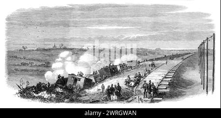 The late accident on the Great Eastern Railway, near Bradfield, Essex, 1864. Engraving from a passenger's sketch of a serious accident involving '...the overthrow of the up-train which started from Harwich at 2.55 p.m...When it had proceeded on its journey towards London as far as within half a mile of the Bradfield station, the engine lurched over and dashed down the steep embankment, dragging all the train after it...The stoker was killed on the spot, having been crushed by the engine. He lay with his hand still grasping the metal handle of the break [sic]. The driver, who also stayed at his Stock Photo
