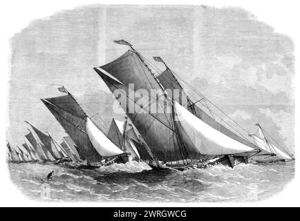 Sailing-barge race on the Thames, 1864. 'A novel kind of sailing-match...was that which took place on the Thames, on Friday week under the auspices of the Prince of Wales Yacht Club, and which attracted a vast number of spectators, including some of the oldest yachtsmen. The match was for first-class topsail barges, not exceeding 100 tons, and second-class stumped-rigged barges, not exceeding 80 tons burden, to sail from Erith to the Chapman Light and back...There were nineteen entries in the first and twenty-three in the second class, or forty-two in all; and of these forty came to the starti Stock Photo