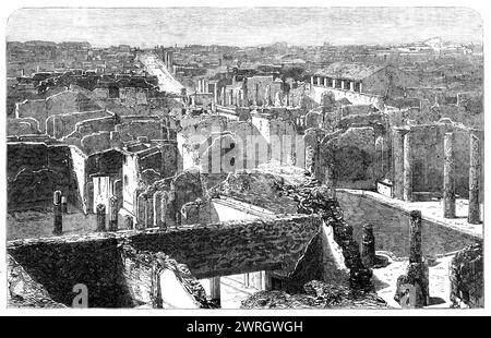 Recent discoveries in the buried city of Pompeii: general view of the excavations, 1864. Engraving from a photograph '...placed at our disposal by the Rev. James Fletcher...showing that part of the ancient city which has, within the last year and a half or two years, been laid open by the zeal and energy of the new Administration...great progress has been made in the task of bringing to light that abundant store of curious relics of antiquity which had remained for eighteen centuries buried in the ruins of Pompeii. The extent and importance of these operations, carried on under the direction o Stock Photo