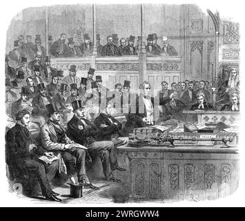 Lord Palmerston making the ministerial statement on Dano-German Affairs in the House of Commons on Monday, 1864. 'Every seat in the body of the house, and the very steps in each gangway, were occupied...[by] persons anxious to obtain the first intelligence of the decision of the Government on the Danish question...[Prime minister] Lord Palmerston...proceeded to give an outline of the circumstances which had led to the Treaty of 1852, and to the subsequent events down to the invasion of Schleswig. Up to that occurrence, he observed, all the parties to the Treaty of 1852, not excepting Prussia, Stock Photo
