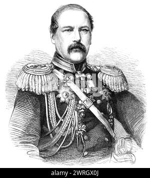 General Todleben, the Russian military engineer, 1864. Engraving from a photograph by M. Steinberg, 'Todleben...though a subject and servant of the Russian empire, is of German race. He was educated in the Imperial School of Engineers at St. Petersburg, and rose steadily in the ranks of his profession...[He]...devoted himself to the theory and science of fortification, while directing the experimental operations of the sappers of the Guard at Peterhof. In 1854 he was promoted to be Lieutenant-Colonel, and was sent to the army of the Danube at the outbreak of the war with Turkey, but was soon t Stock Photo