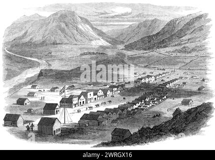 Sketches from British Columbia: Lilloett, on the Fraser River, 1864. '...a bird's-eye view, of the little town of Lilloett, situated on the right bank of the Fraser River, 212 miles from the port and capital, New Westminster. It is about half way to the Cariboo gold-diggings; and, as it is one of the best positions for inland traffic, many of the Douglas merchants keep stores here to supply the upper country. The neighbouring banks of the river have during the last three years proved rich in gold, being in many instances more remunerative to the worker than the mines of Cariboo. One long stree Stock Photo