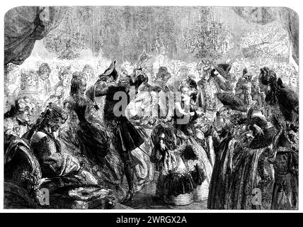 Powder and Puff - drawn by James Godwin, 1862. 'Given, four-and twenty fiddlers all of a row - to say nothing of the &quot;loud bassoon,&quot; and the performers on the clarinet; given, a group of candelabra glittering with innumerable wax-lights; an elaborately chalked floor, and a dazzling company, all redolent of &quot;powder and puff,&quot; all...in embroidery spangles, well-curled wigs, toupees, flounces, ribbons, high-heeled shoes, silver-hilted swords, laced hats, embroidered waistcoats, quilted satin sacks, lace lappets, silk stockings and brocade - and we have...all the necessary elem Stock Photo