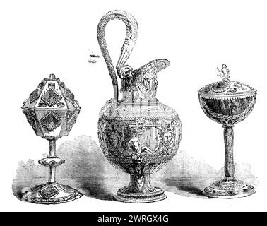 The Loan Collection, South-Kensington, 1862. Ciborium, or pyx, in gilt metal, ornamented with plaques of niello-work and enamelled glass pastes. Italian work, thirteenth or fourteenth century...This very unusual and remarkable specimen has a very marked Byzantine aspect...The designs represented in...[the] plaques are half figures of the Apostles, Our Saviour (twice repeated), and other saints...These representations on the plaques of glass are executed in enamels and gold pencilling in a very remarkable and unusual manner, evidently vitrified, or &quot;burnt in.&quot;...it seems suggestive of Stock Photo