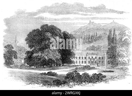 F&#xfc;rstenlager, a seat of the Duke of Hesse-Darmstadt, near Auerbach - from a sketch by our special artist, 1862. 'This Ducal palace, in which Prince and Princess Louis of Hesse spent about six weeks shortly after their marriage, is situated twelve miles from Darmstadt, near Auerbach, one of the prettiest villages on the Bergstrasse, Auerbach is sometimes resorted to as a watering-place, on account of a mineral spring in the neighbourhood. A gradual ascent leads past the brunnen to the ruins of the Castle of Auerberg (shown in our Engraving, at the back of the palace), one of the most pictu Stock Photo