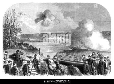 The War in America: Howlett's battery on the James River, engaging the Federal monitors - by our special artist, 1864. 'We have received, from our Special Artist and Correspondent with the army of the Confederate States in Virginia...sketches illustrative of...a conflict between Howlett's battery and the Federal iron-clad gun-boats, or &quot;monitors,&quot; in the James River, some miles below the city of Richmond...The site of Howlett's Battery...is on the south bank of the James River. It forms the extreme left of the Confederate lines of defence before Richmond, while the Federal works, dis Stock Photo