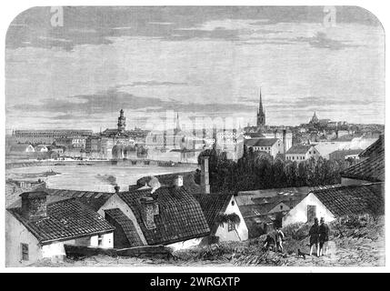 Visit of the Prince and Princess of Wales to Sweden: general view of the city of Stockholm, 1864. View '...from the suburb of Norrmalm, on the north shore of the strait which connects Lake M&#xe4;lar with the Baltic Sea. The principal buildings seen across the water are those upon the Stade island, or cluster of three islets...the larger mass of the town extending for some distance along each shore of the strait by which these little islands are inclosed. The King's Palace, on the islet called Gustavsholm, is shown to the left hand - a vast square pile with a flat roof; then comes the Church o Stock Photo