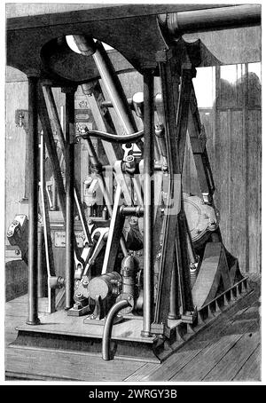 The International Exhibition: marine engine by Messrs. Escher, Wyss, and Co. of Zurich - from a photograph by the London Stereoscopic Company, 1862. Motive power for steamships. '...the engines were exhibited completely fitted, with the portion of the vessel that forms the engine-room: the main shaft is in place, with the paddle-wheels attached...[The] marine engines exhibited by Escher, Wyss, and Co., consist of a pair of compound cylinder engines, of 30-horse power, adapted to shallow navigation; these engines weigh, including water in the boilers, about 37&#xbd; tons; they are intended to b Stock Photo