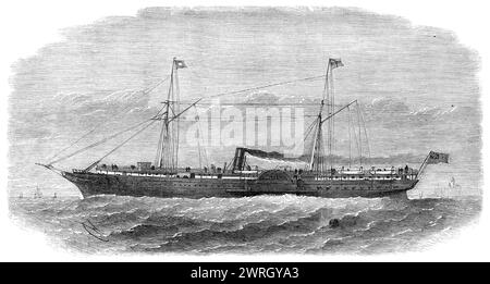 The Pacific Steam Navigation Company's new iron mail steam-ship Quito, 1864. 'This beautiful vessel, which left the Mersey on the 27th January with mails and passengers for St. Vincent (de Verdes) and Monte Video, en route to her station in the South Pacific, measures 271 ft. in length, 56 ft. extreme beam, 20 ft. depth, and 1400 tons builders' measurement. She was built by Messrs. Randolph, Elder, and Coy, at Goran [Govan?], near Glasgow, from designs by Mr. Thomas Smith, naval architect...and is fitted with engines of 400 nominal, and 1400 indicated, horse power; which are the twelfth pair c Stock Photo