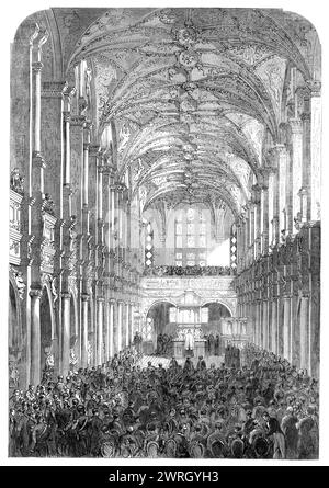 Reopening of the Chapel in the Royal Palace of Frederiksborg, Denmark, 1864. Engraving from a sketch by M. Simon Simonsen, showing '...the moment when the Bishop of Zeeland, before the altar, pronounces the formula of blessing the walls and the altar of the chapel...In a pew to the left, near the altar, the King and Queen of Denmark are seen...It will be remembered that a great part of the palace of Frederiksborg was destroyed by a fire on the 17th of December, 1859...It was...fortunate that the chapel of the palace, which was so much admired for its architectural beauty, its peculiar style, a Stock Photo